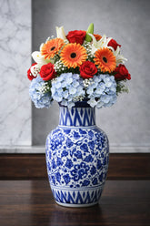 Hand-Painted Colorful Tall Decorative Ceramic Vase with Geometric Banding