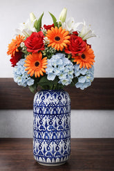 Hand-Painted Colorful Tall Decorative Ceramic Vase with Repeating Floral Pattern