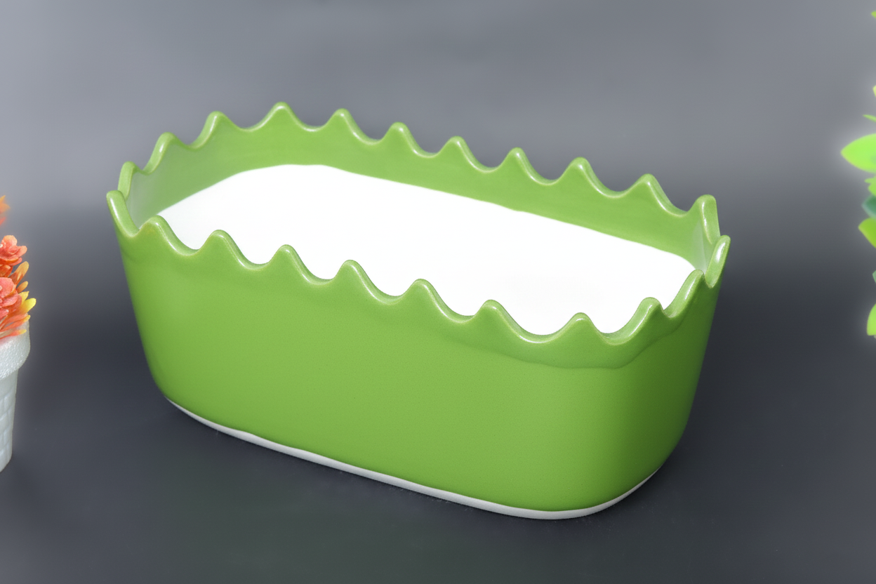 Hand-Painted Colorful Rectangular Ceramic Baker with Scalloped Edge