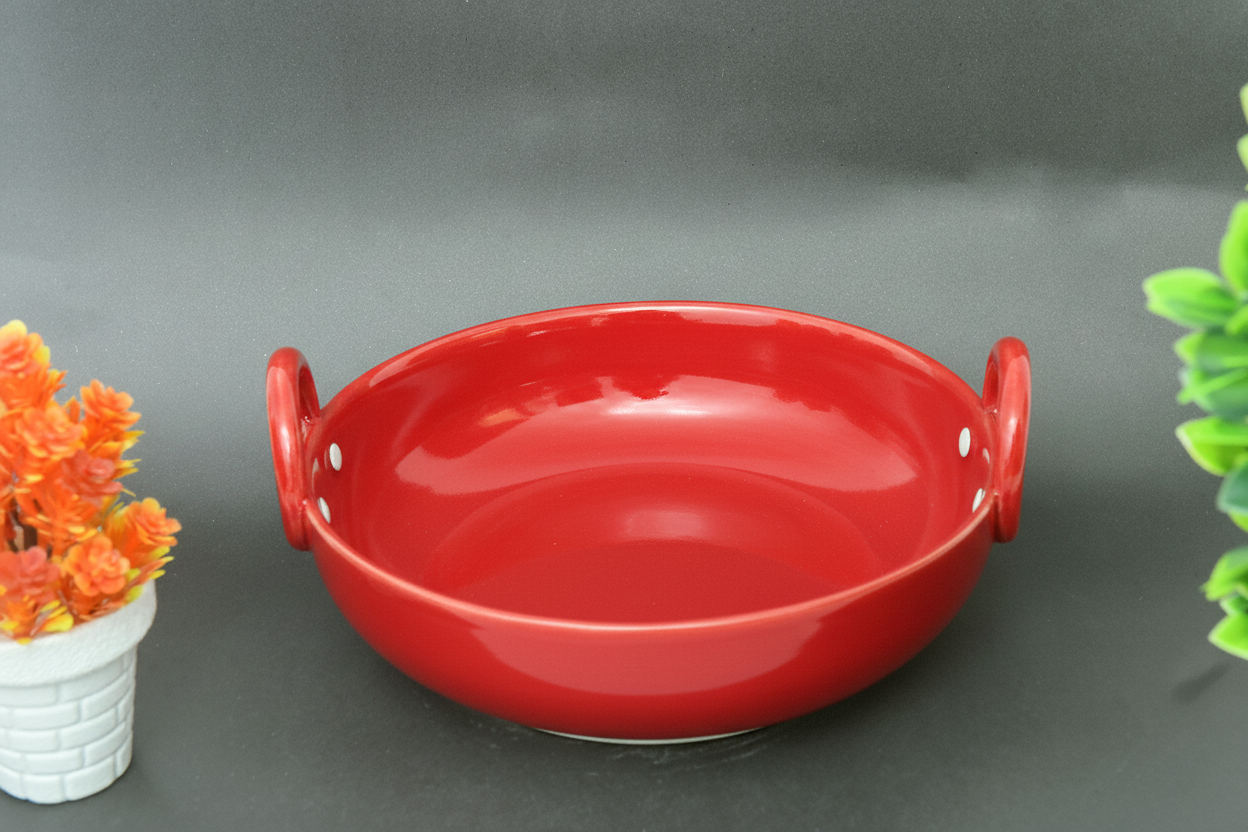 Hand-Painted Colorful Ceramic Large Size Karahi with Handles