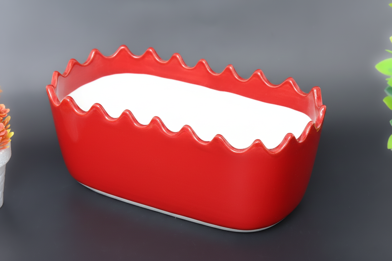 Hand-Painted Colorful Rectangular Ceramic Baker with Scalloped Edge