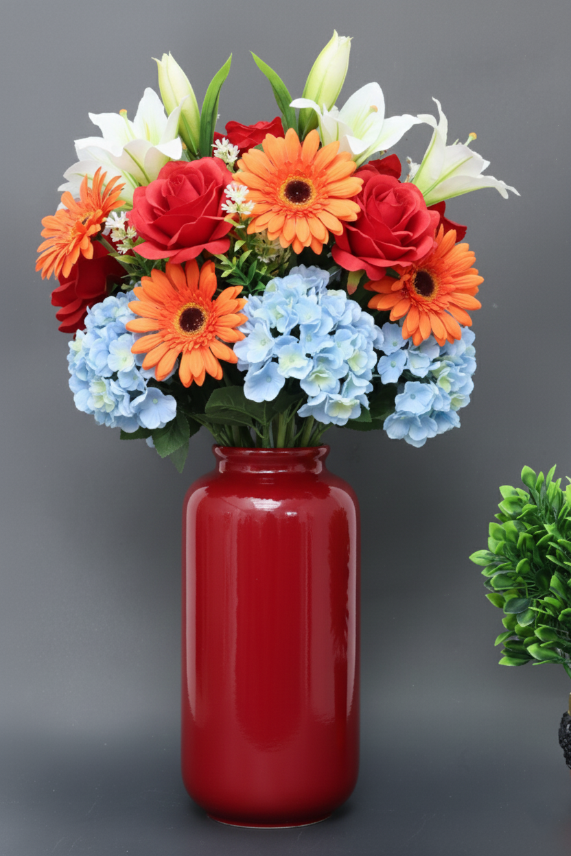 Hand-Painted Colorful Tall Decorative Ceramic Vase with Repeating Floral Pattern