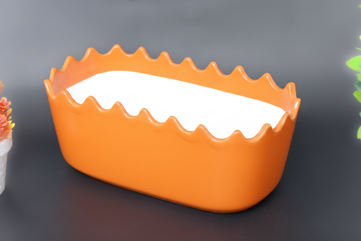 Hand-Painted Colorful Rectangular Ceramic Baker with Scalloped Edge