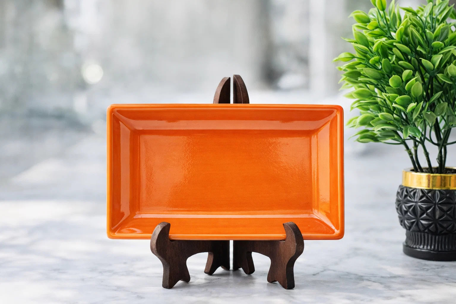 Hand-Painted Colorful Rectangular Ceramic Platter with Four Medallions