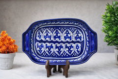 Hand-Painted Colorful Oval-Rectangular Ceramic Platter with Scrollwork