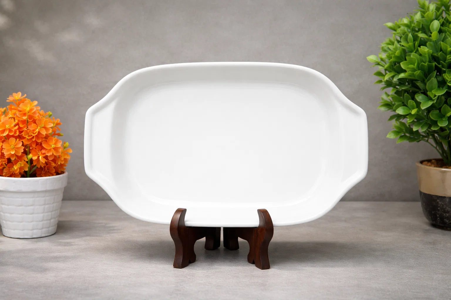 Hand-Painted Colorful Oval-Rectangular Ceramic Platter with Scrollwork