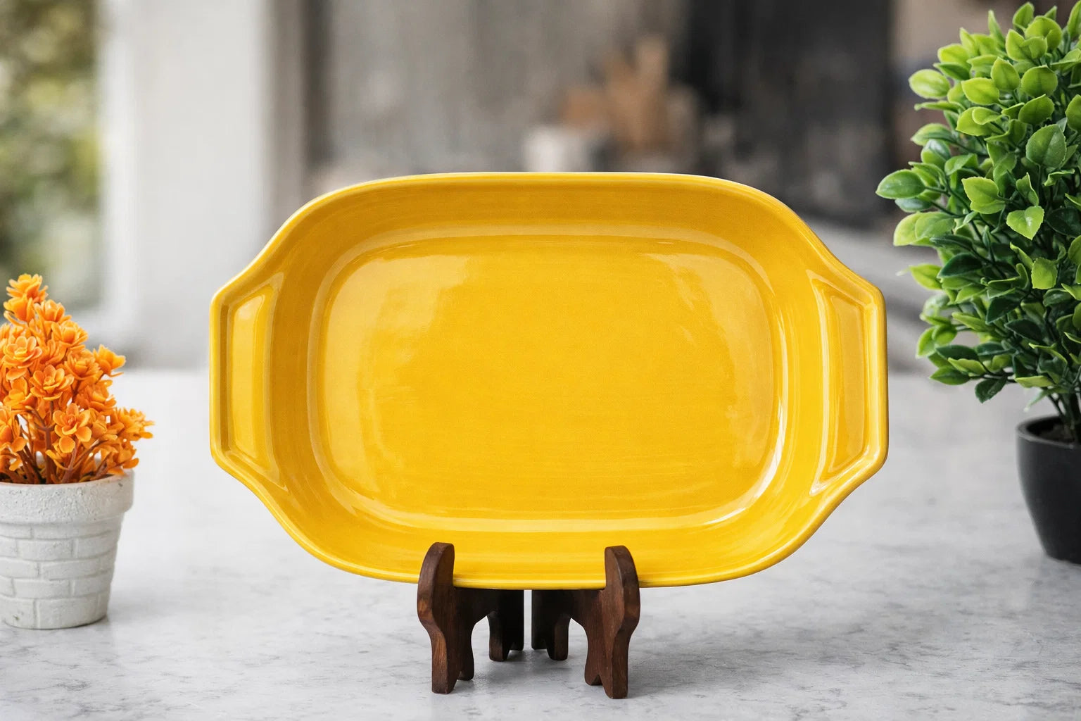 Hand-Painted Colorful Oval-Rectangular Ceramic Platter with Scrollwork