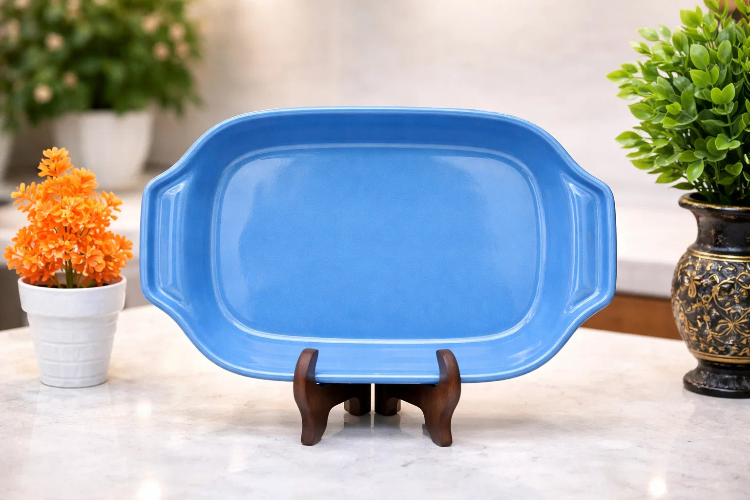 Hand-Painted Colorful Oval-Rectangular Ceramic Platter with Scrollwork