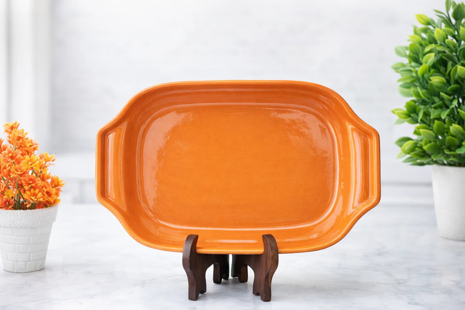 Hand-Painted Colorful Oval-Rectangular Ceramic Platter with Scrollwork