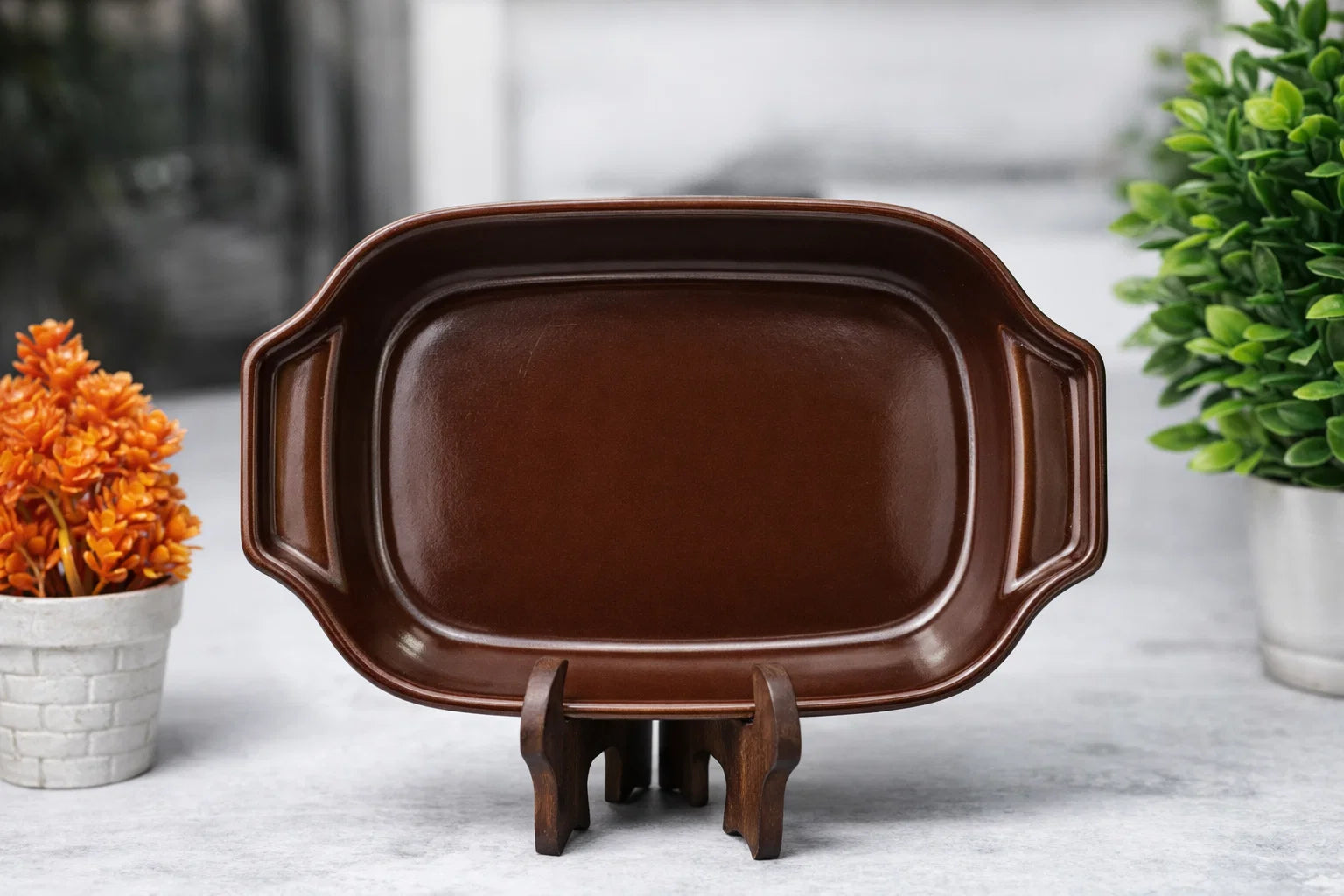 Hand-Painted Colorful Oval-Rectangular Ceramic Platter with Scrollwork