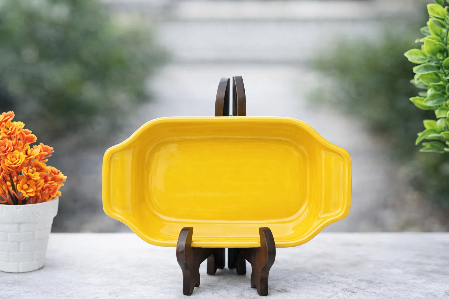 Hand-Painted Colorful Flame/Leaf Motif Ceramic Serving Platter