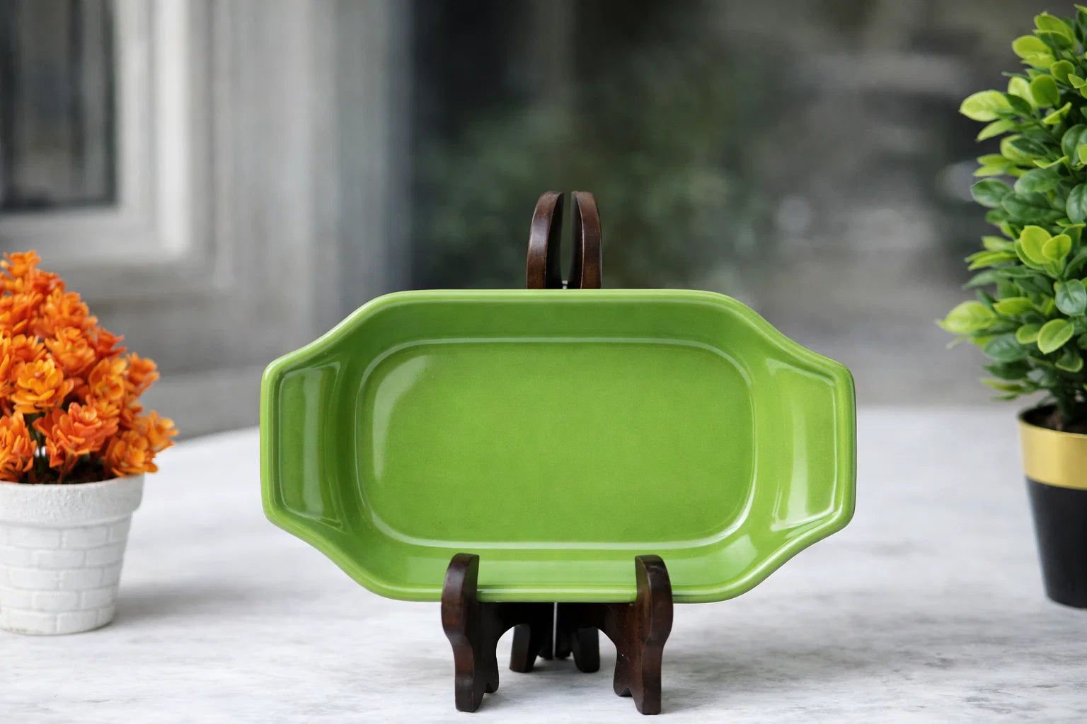 Hand-Painted Colorful Flame/Leaf Motif Ceramic Serving Platter