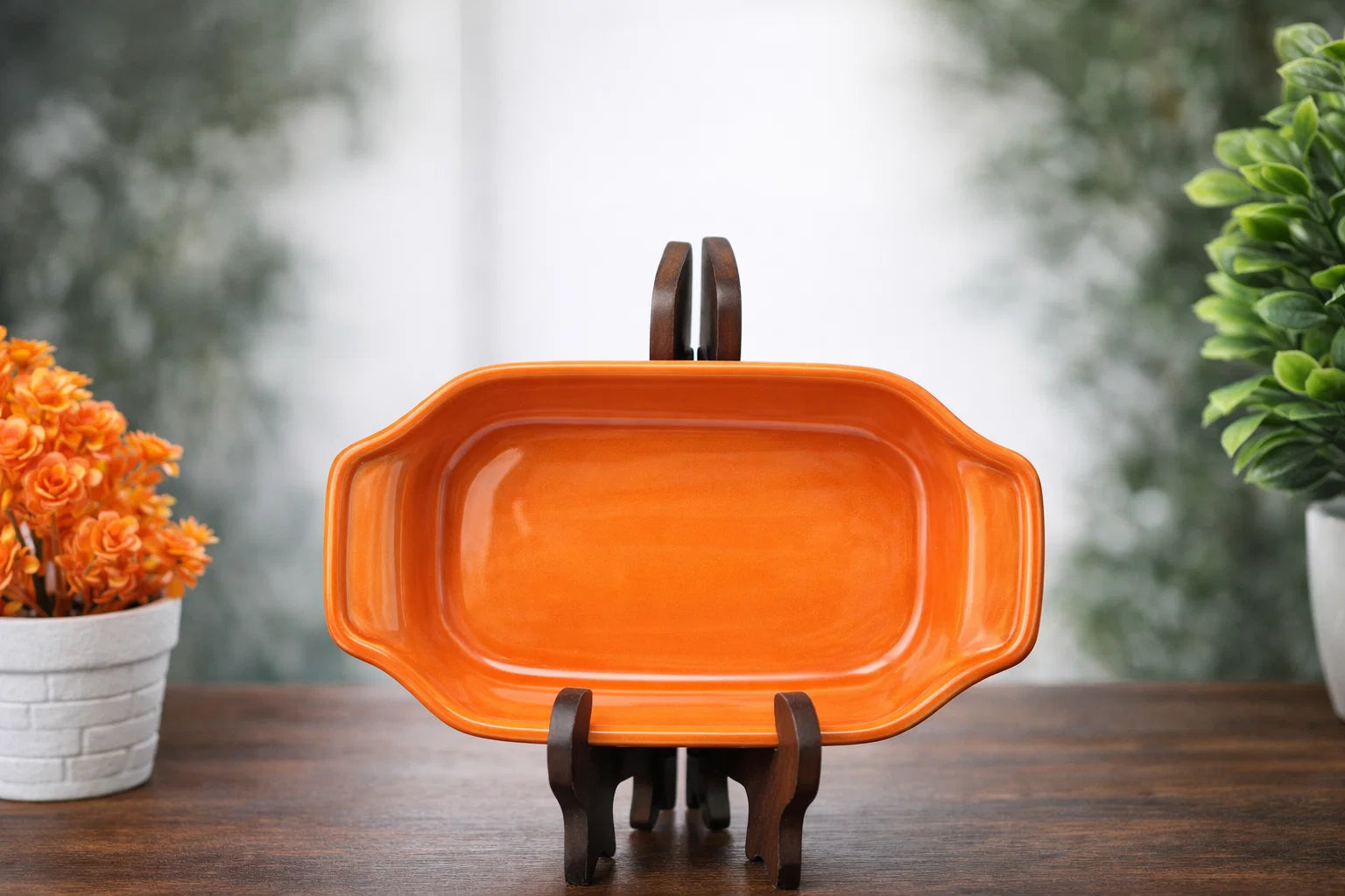 Hand-Painted Colorful Flame/Leaf Motif Ceramic Serving Platter