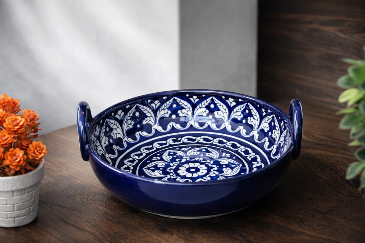 Hand-Painted Colorful Ceramic Large Size Karahi with Handles
