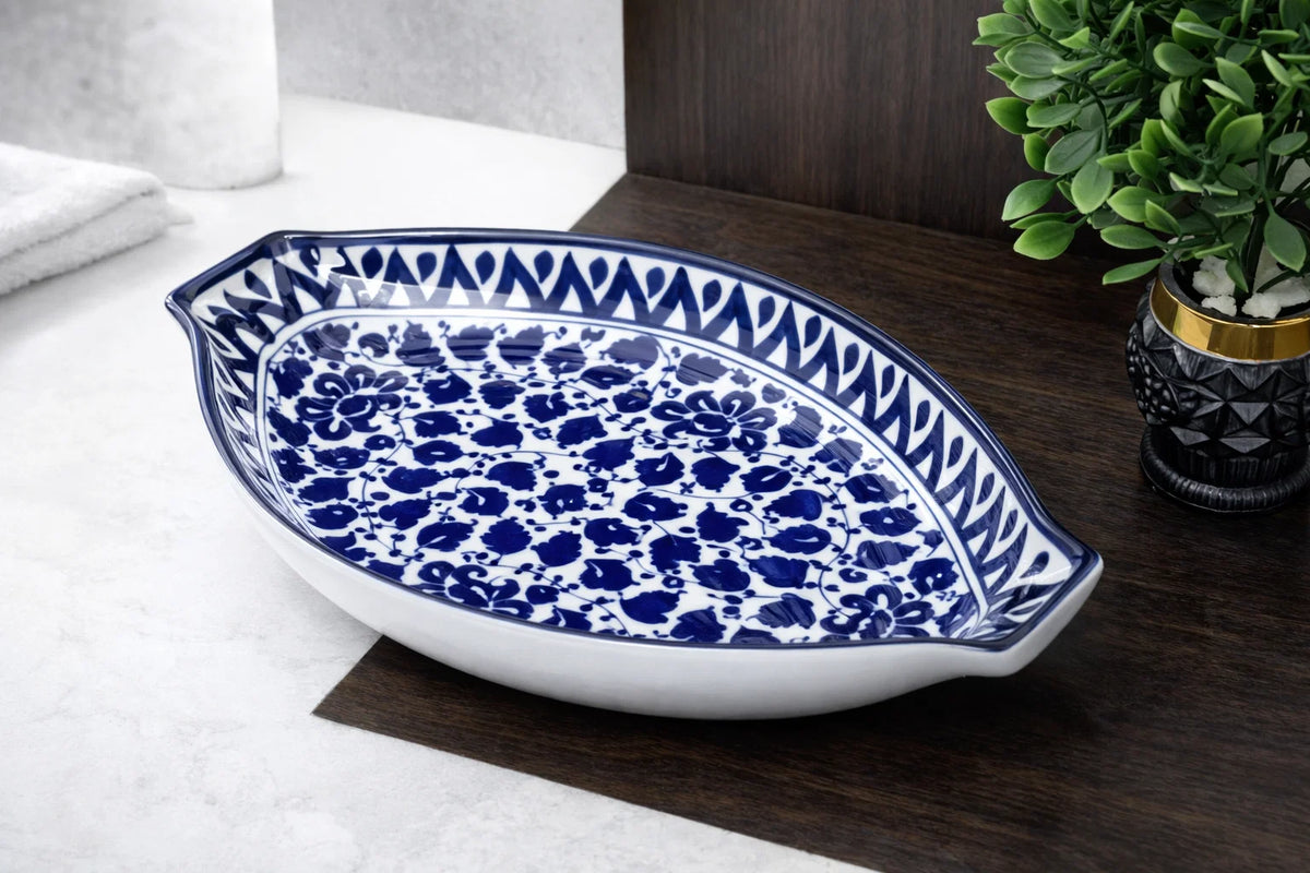 Hand-Painted Colorful Oval Boat-Shaped Ceramic Serving Dish