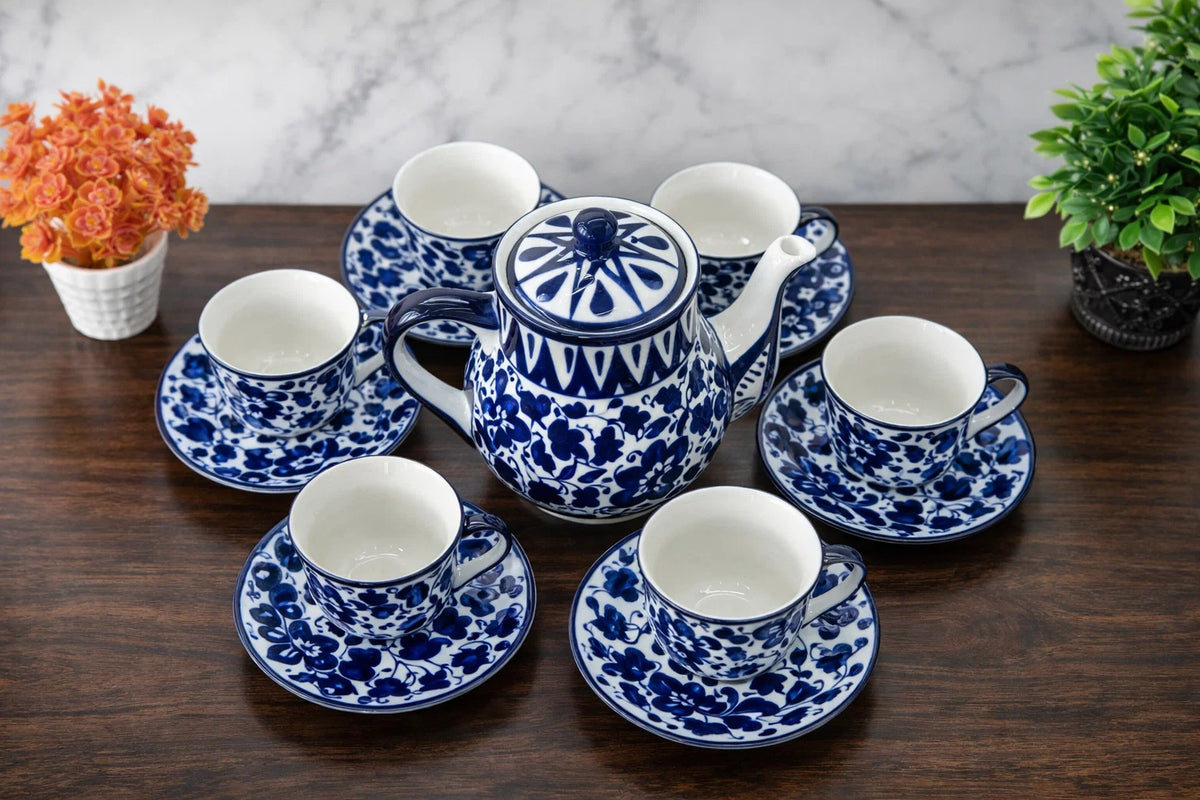 Set of 13 Hand-Painted Colorful Ceramic Teapot and Tea cup with Saucers Set