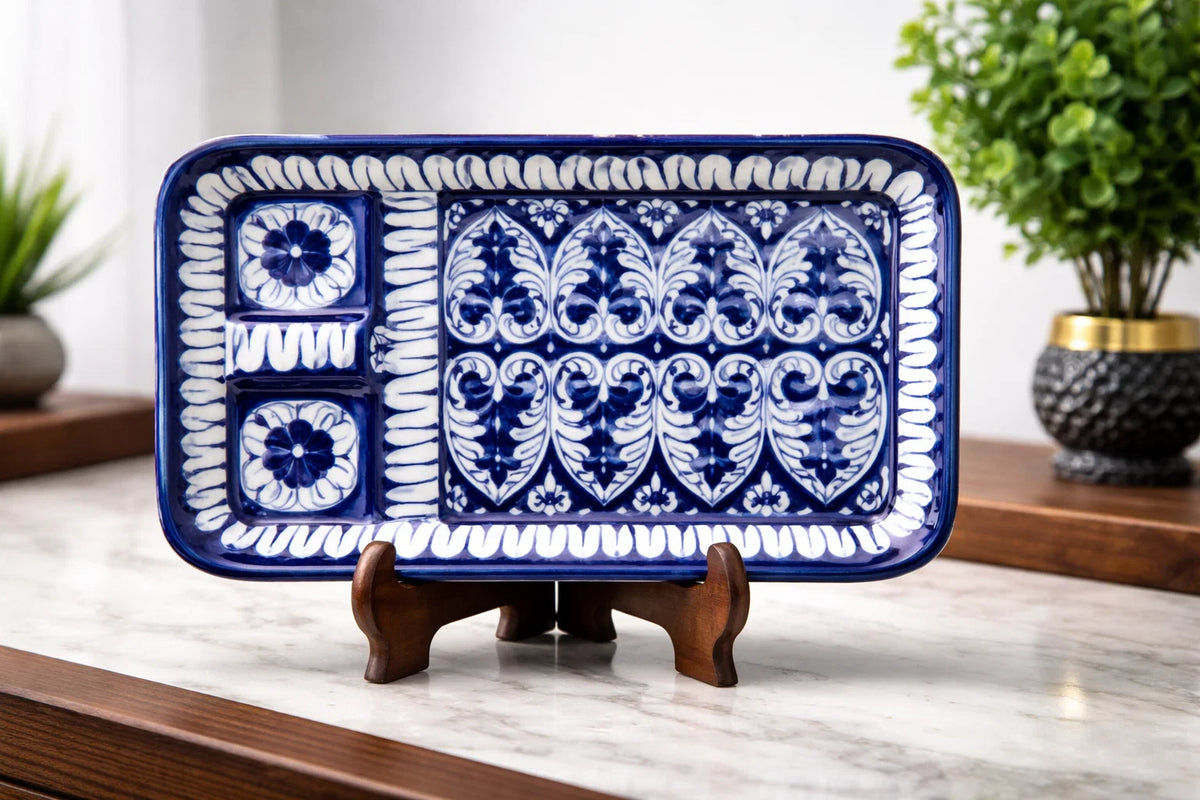 Hand-Painted Colorful Rectangular Appetizer Platter with 3 Dip Compartments