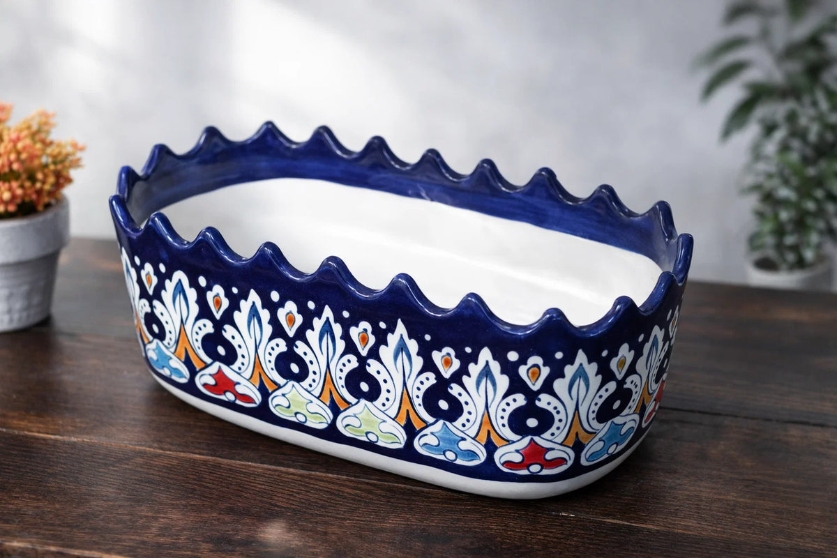 Hand-Painted Colorful Rectangular Ceramic Baker with Scalloped Edge